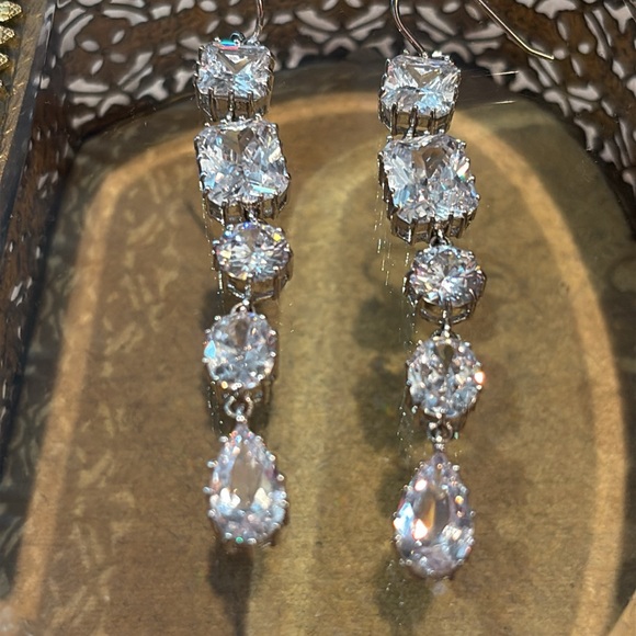 Kenneth Jay Lane Silver Drop Earrings with Sparkling Cz Crystals - Picture 2 of 8